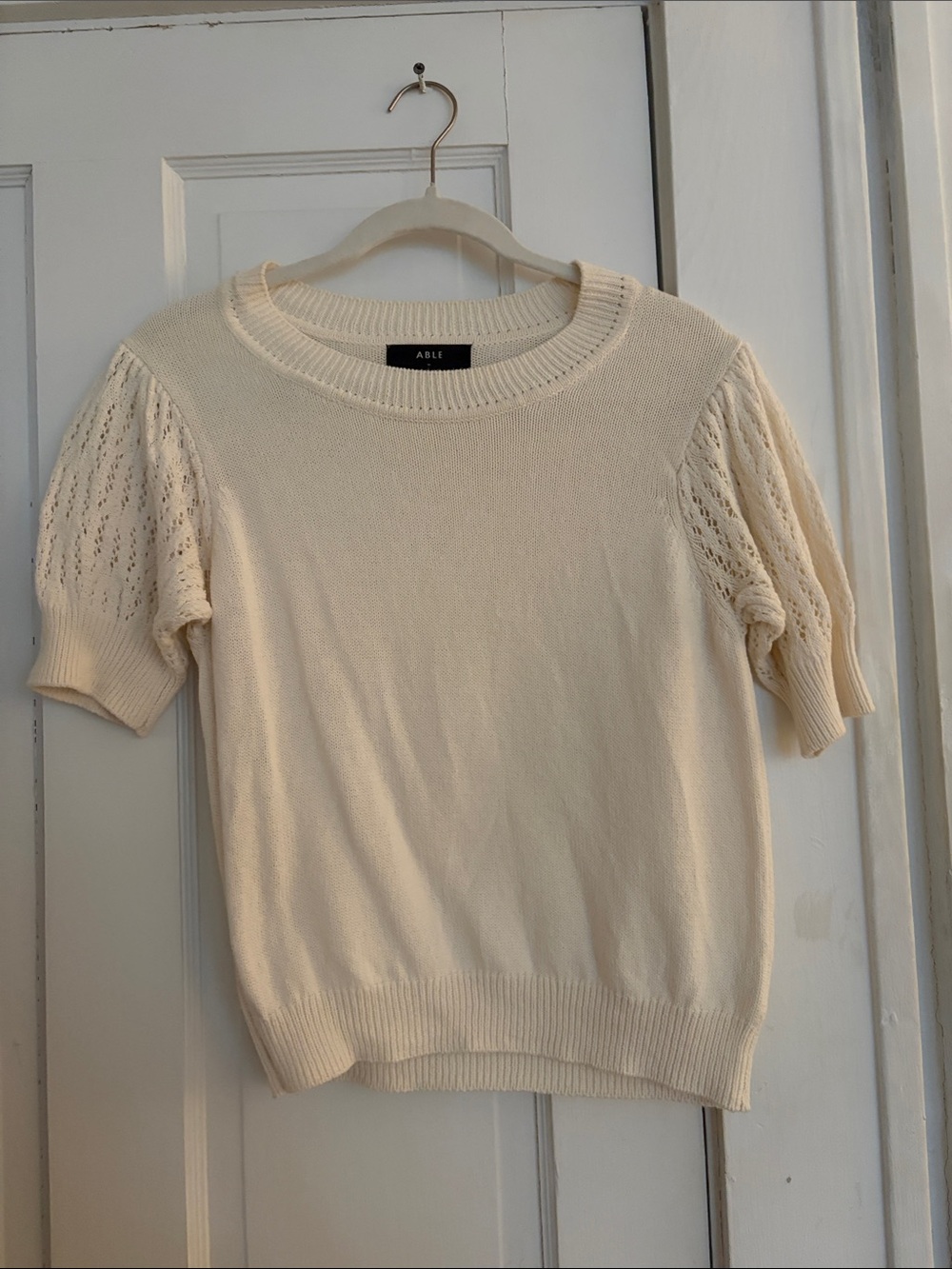 ABLE Cream Short Sleeve Knit Top with Textured Sleeves